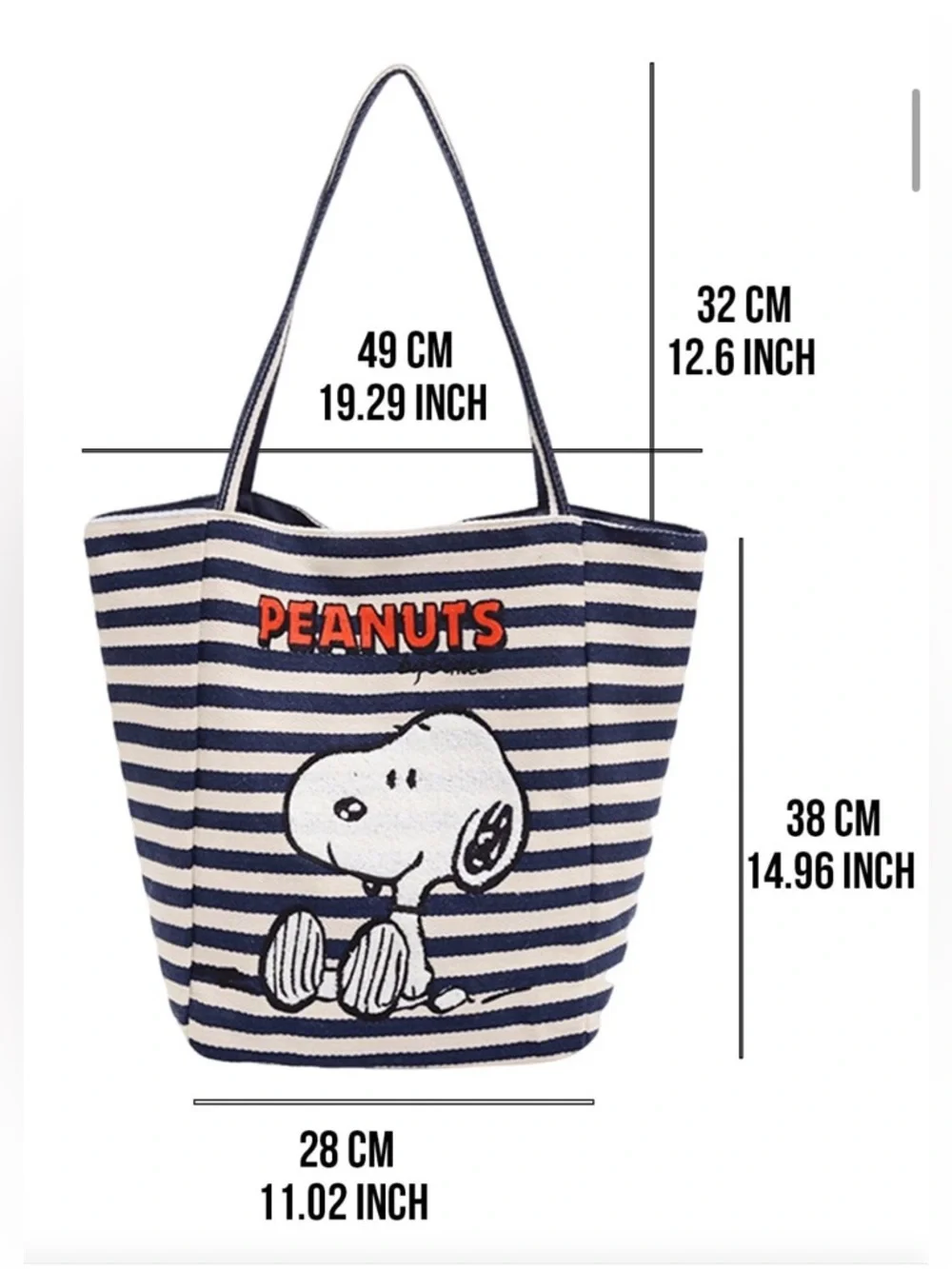 Peanuts Navy & White Striped Canvas Tote with Snoopy and Red Logo - Picture 3 of 10